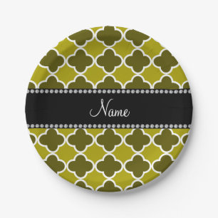 Prato De Papel Nome personalizado mostarda amarelo quatrefoil