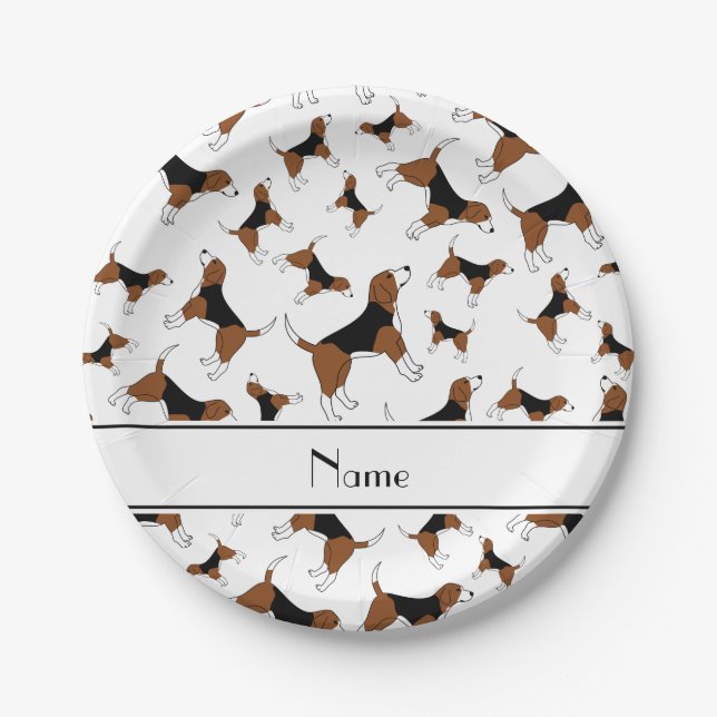 Prato De Papel Nome personalizado padrão do cão-beagle branco (Frente)