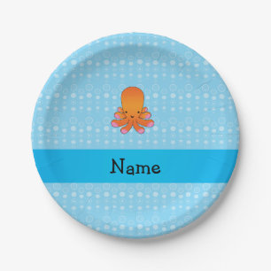 Prato De Papel Nome personalizado polvo laranja bolhas azuis