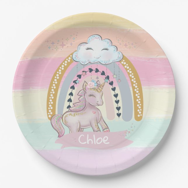 Prato De Papel Nome Personalizado 🦄 Rainbow Unicorn Girl     (Frente)