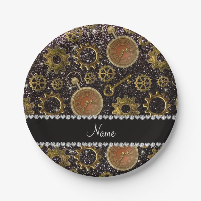 Prato De Papel Nome personalizado: steampunk black glitter (Frente)