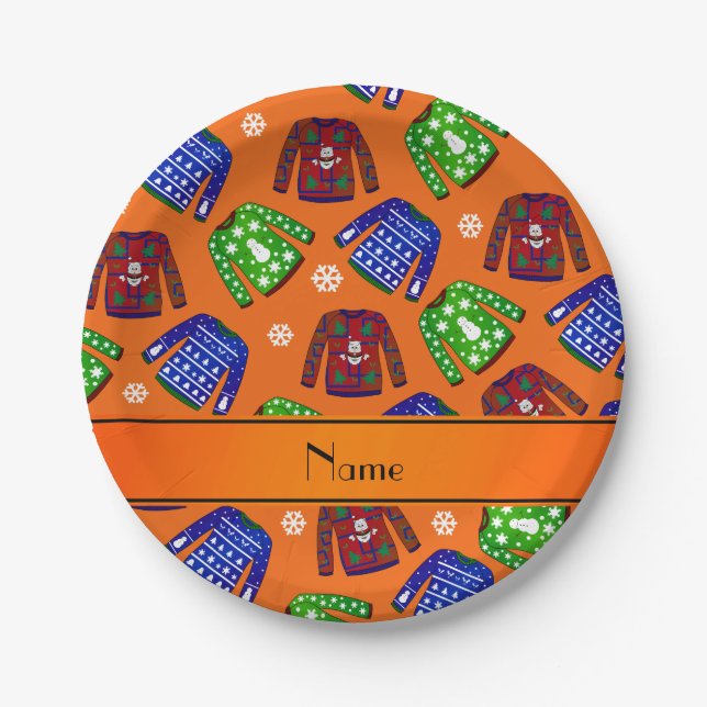 Prato De Papel Nome personalizado suéter de natal cor de laranja  (Frente)