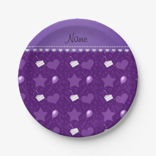Prato De Papel Nome torta de aniversário roxo balões de coraç