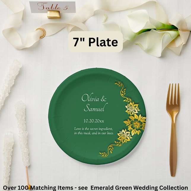 Prato De Papel Nomes Data Mensagem Esmeralda Verde & Ouro 7" (Criador carregado)