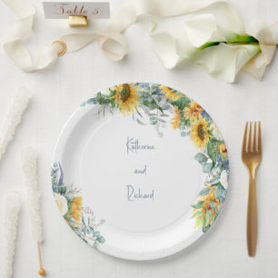 Prato De Papel Nomes Personalizados de Girassol de Casamento de C