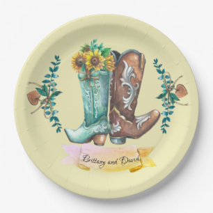 Prato De Papel Nomes personalizados Newlyweds Rustic Cowboy Boots