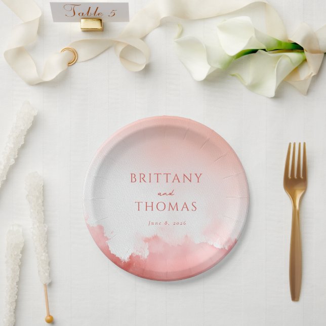 Prato De Papel Nomes Românticos em Aquarela Rosa (Casamento)