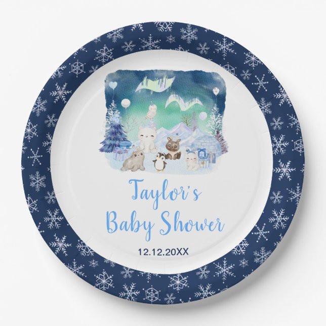 Prato De Papel Northern Lights Arctic Animals Baby Shower (Frente)