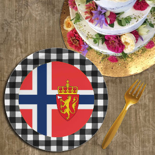 Prato De Papel Noruega Plate, xadrez de búfalos e Bandeira norueg