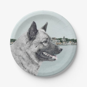 Prato De Papel Norwegian Elkhound na pintura da aldeia - Arte Can
