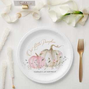 Prato De Papel Nosso primeiro aniversario de Menina de Abóbora