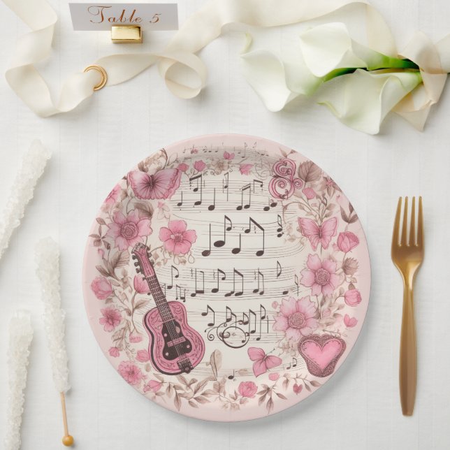 Prato De Papel Notas de música e flores legantes (Casamento)
