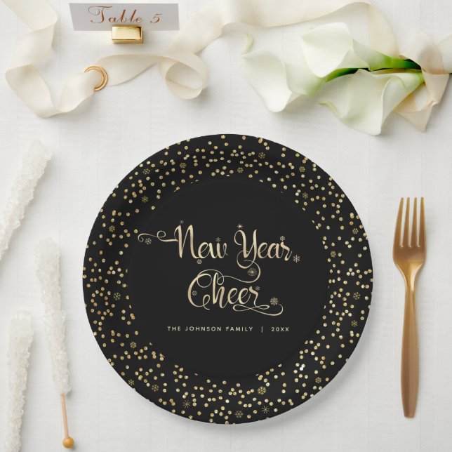 Prato De Papel Novo Ano Dourado Escuro Preto Cheio de Neve Glitte (Casamento)