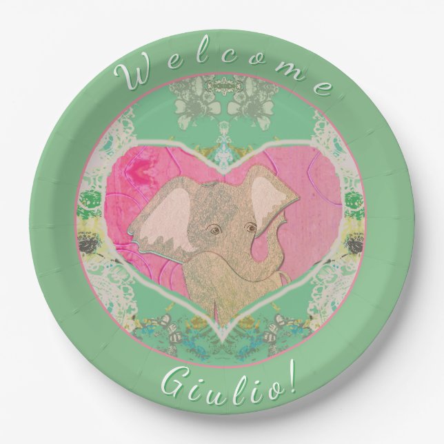 Prato De Papel Novo bebê com placa de papel elefante (Frente)