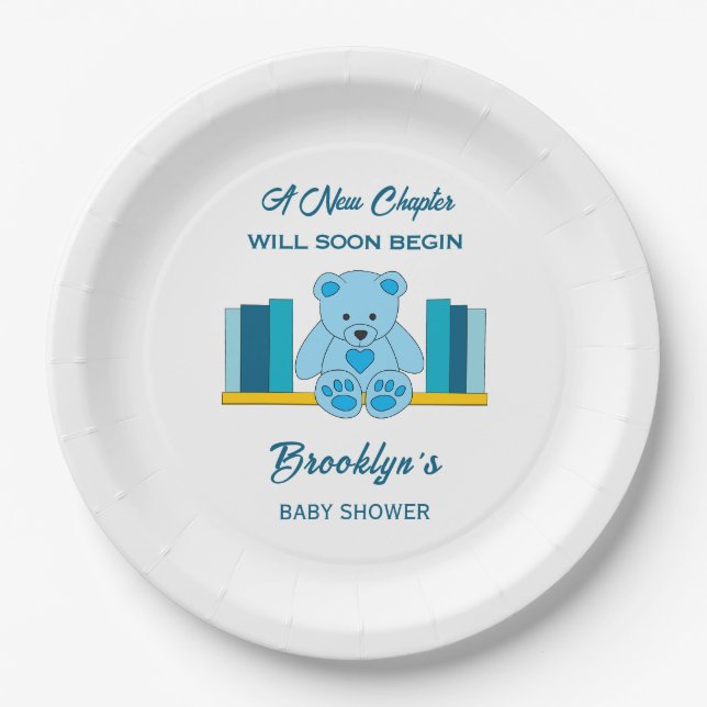 Prato De Papel Novo capítulo Storybook Chá de fraldas Blue Teddy  (Frente)