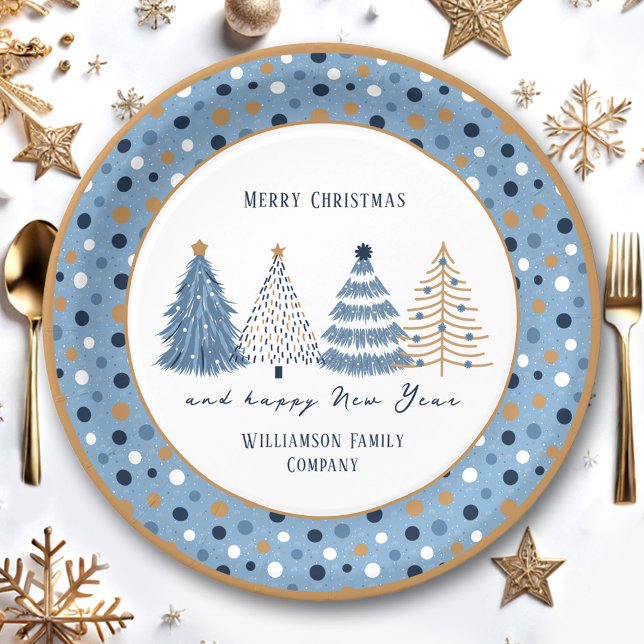 Prato De Papel Nozes de Árvores Azuis Texto Moderno Feriado de Na (Blue Trees Dots Modern Text Christmas Holiday Paper Plates)