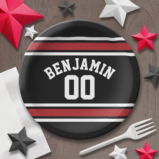 Prato De Papel Número de Nome Personalizado de Jersey do Black an (Personalized party plates - sports theme for birthday or any occasion)