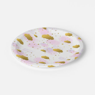 Prato De Papel Nuvens de Aquarela Rosa Douradas Estrelas Céu