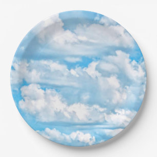 Prato De Papel Nuvens ensolaradas felizes Fundo azul