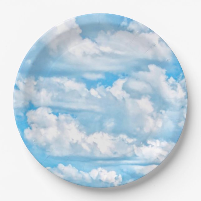 Prato De Papel Nuvens ensolaradas felizes Fundo azul (Frente)