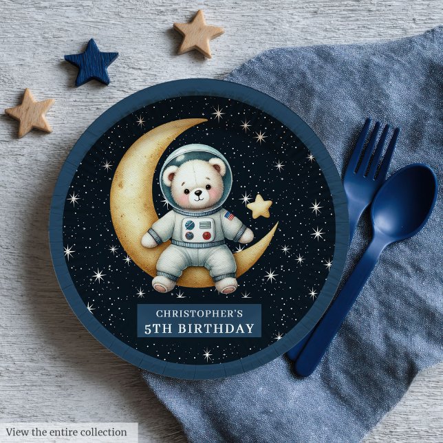 Prato De Papel O Astronauta do Bebê do Urso do Teddy Primeiro Pra (Teddy Bear Astronaut Baby Boy First Birthday Plates)