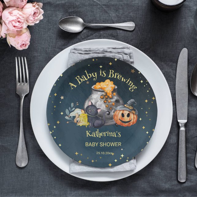 Prato De Papel O bebê do chá de fraldas de Halloween está se prep (A baby is brewing Halloween baby shower tableware personalized party plates starry night brewing pot)