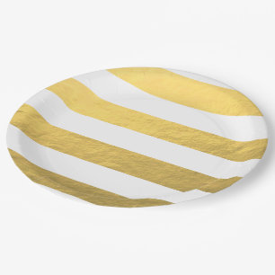 Prato De Papel O branco elegante listra a folha Dourado impressa