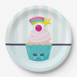 Prato De Papel O cupcake azul bonito com Kawaii enfrenta