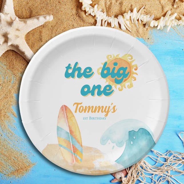 Prato De Papel O Grande primeiro aniversario de Surfboard de Uma  (The Big One Watercolor Surfboard 1st Birthday Paper Plates
)