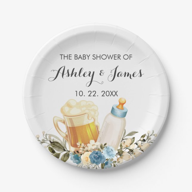 Prato De Papel O Menino Bonito Está A Criar Chá de fraldas Azul (Frente)