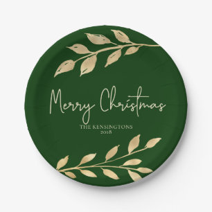 Prato De Papel O ouro elegante do Natal sae de Forest Green