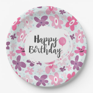 Prato De Papel O rosa floresce o aniversário lunático bonito do