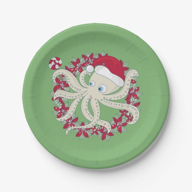 Prato De Papel ocean christmas octopus santa wreath poinsettia (Frente)