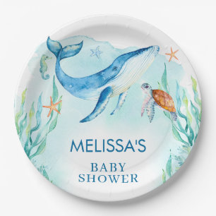 Prato De Papel Oceano Azul De Aquarela Sob O Chá de fraldas Marít