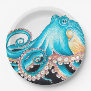 Prato De Papel Octopus Azul Na Tinta Branca