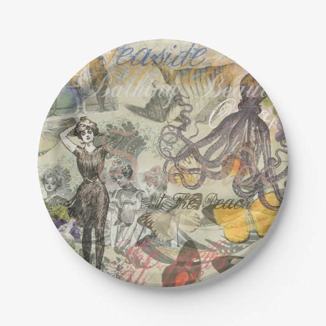 Prato De Papel Octopus Beach Antique Coastal Steampunk (Frente)