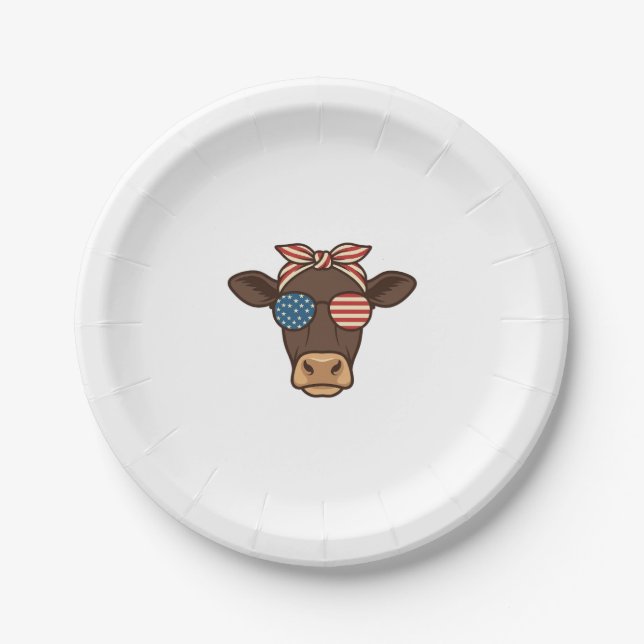 Prato De Papel Óculos de sol com cabeça de vaca patriótica design (Frente)