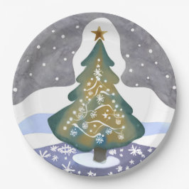 Prato De Papel Oh Árvore de Natal | Pintura de Inverno em Aquarel