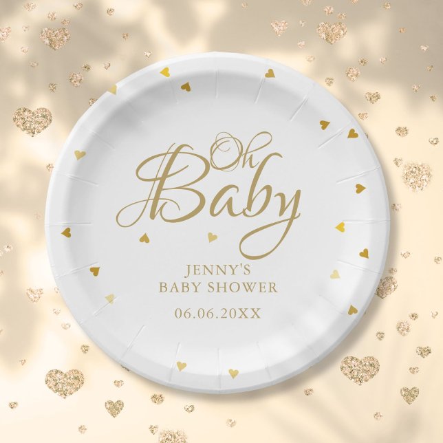 Prato De Papel Oh, Baby Dourado Hearts Confetti Chá de fraldas/Sp (Oh Baby Gold Hearts Confetti Baby Shower Sprinkle Paper Plates)