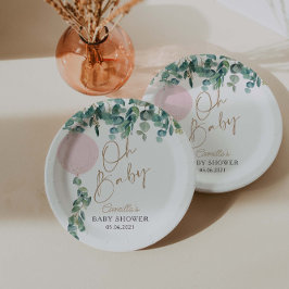 Prato De Papel Oh Baby Eucalyptus Pink Balloon Chá de fraldas