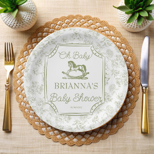 Prato De Papel Oh baby verde sálvia cavalo de balanço chá de bebê