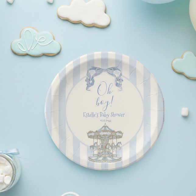 Prato De Papel Oh Boy Blue Bow Carousel French Baby Shower (Criador carregado)