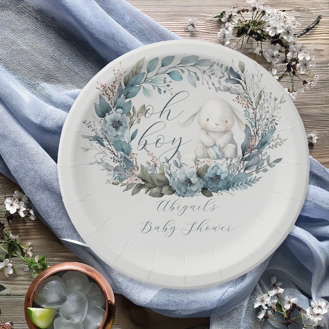 Prato De Papel Oh Boy Bunny Rabbit Blue Floral Wreath Chá de fral (Bunny Rabbit and Blue Floral Wreath Boy Baby Shower Paper Plates - "Oh Boy" Bunny Collection)