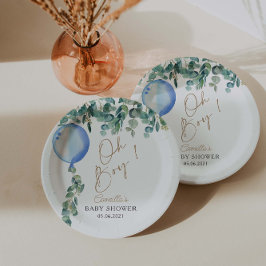 Prato De Papel Oh Boy Eucalyptus Blue Balloon Chá de fraldas