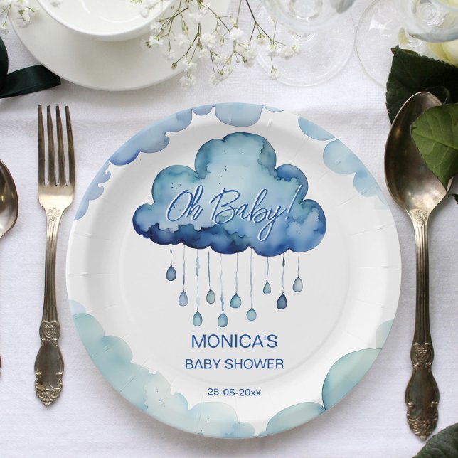 Prato De Papel Oh, chá de fraldas de nuvem bebê (Oh Baby blue whimsical cloud baby shower template Paper Plates personalized tableware decor)