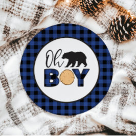Prato De Papel Oh Menino Urso Xadrez Azul Baby Shower