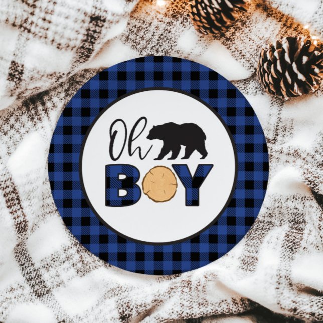 Prato De Papel Oh Menino Urso Xadrez Azul Baby Shower (Criador carregado)