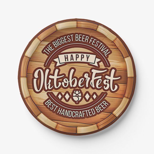 Prato De Papel Oktoberfest Festival Brown Wooden Beer Barrel (Frente)