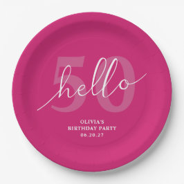 Prato De Papel Olá 50 | Bold Hot Pink 50th Birthday Personalizado