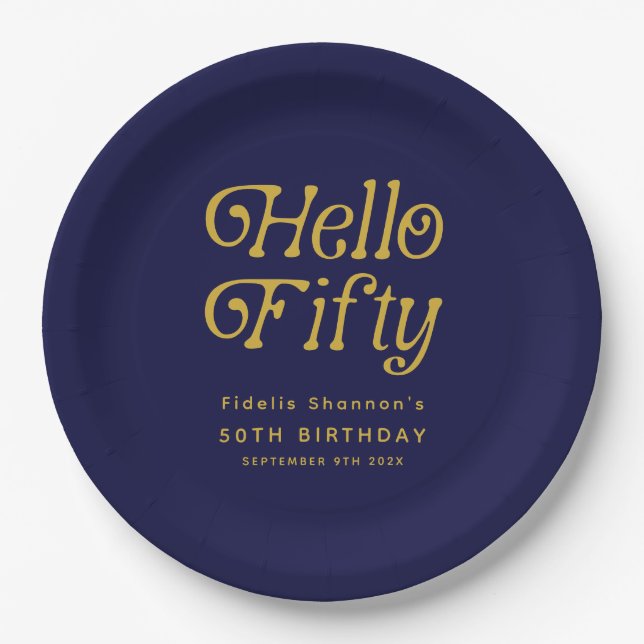 Prato De Papel Olá 50 Retro 50ª Festa de aniversário (Frente)